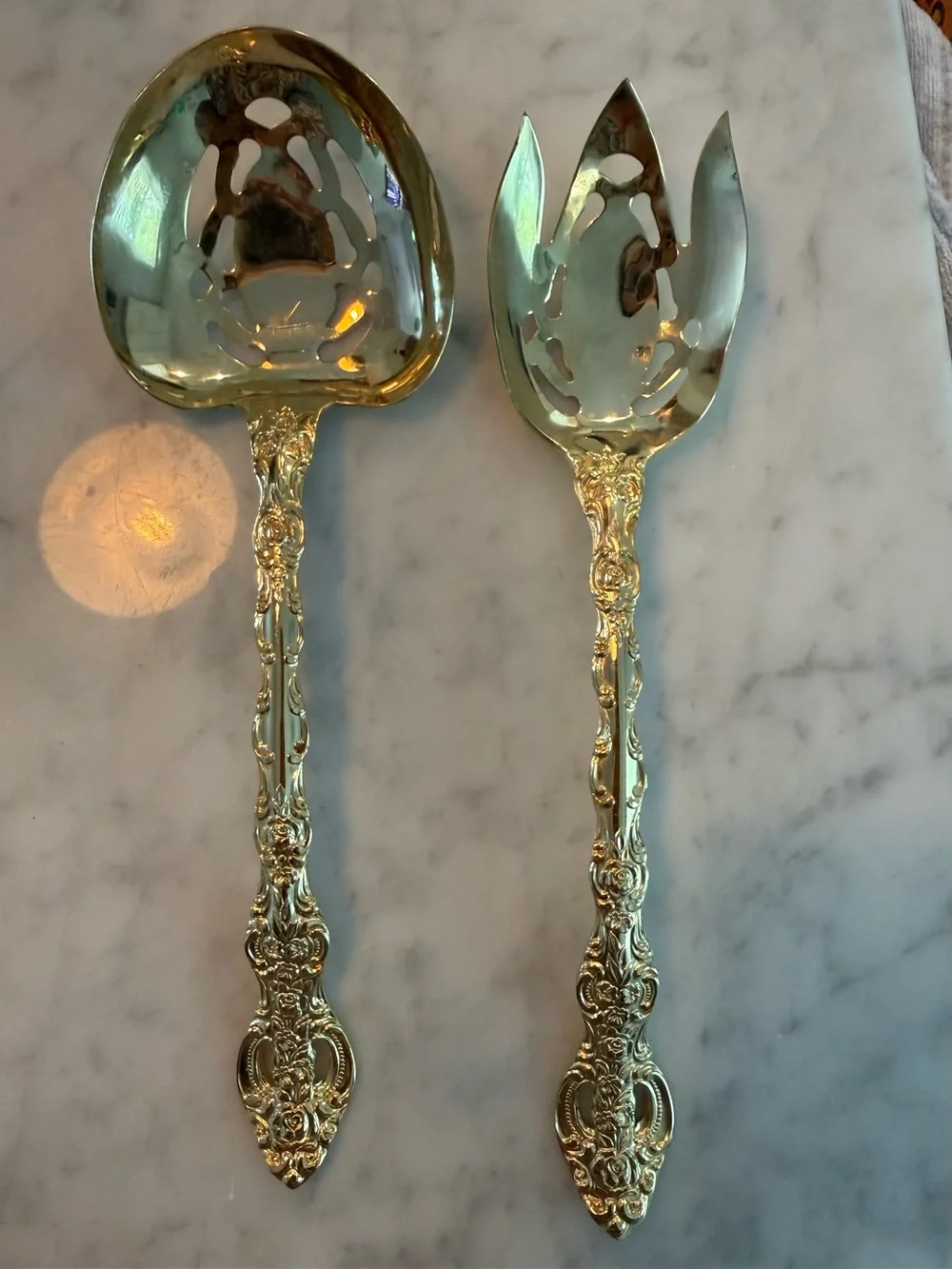 Cellini Romanesque 52 piece GOLD flatware set ROSE pattern For 8 + extra Srv Pcs